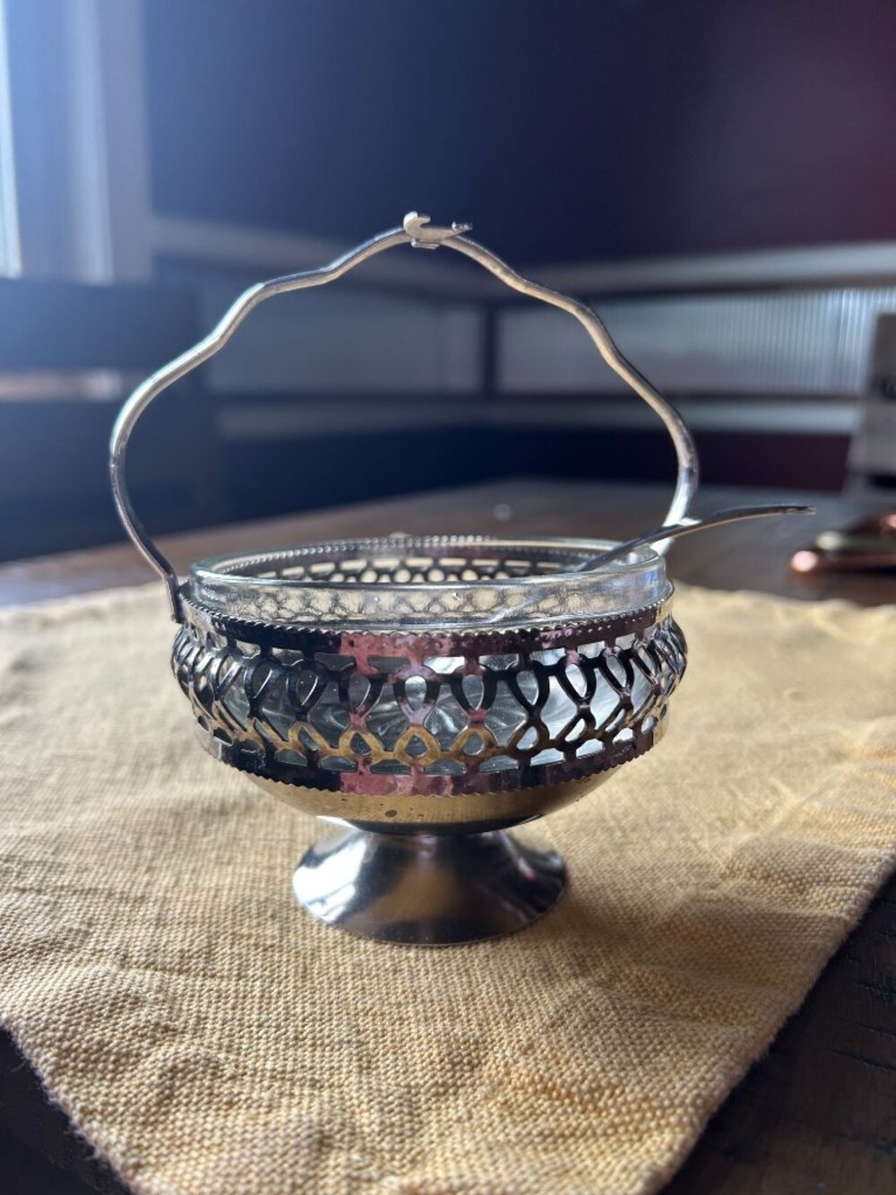 Vintage Silver Sugar Bowl with Spoon or Condiment dish w ornate metal basket - Picture 6 of 7